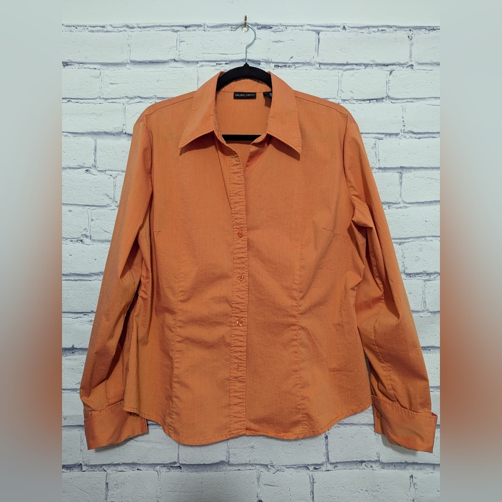 New York & Company Stretch Orange Button Up Blouse LS Top Women's Size XL